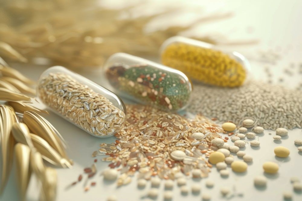 Close-up of fiber supplement capsules filled with grains and seeds, highlighting natural sources of dietary fiber