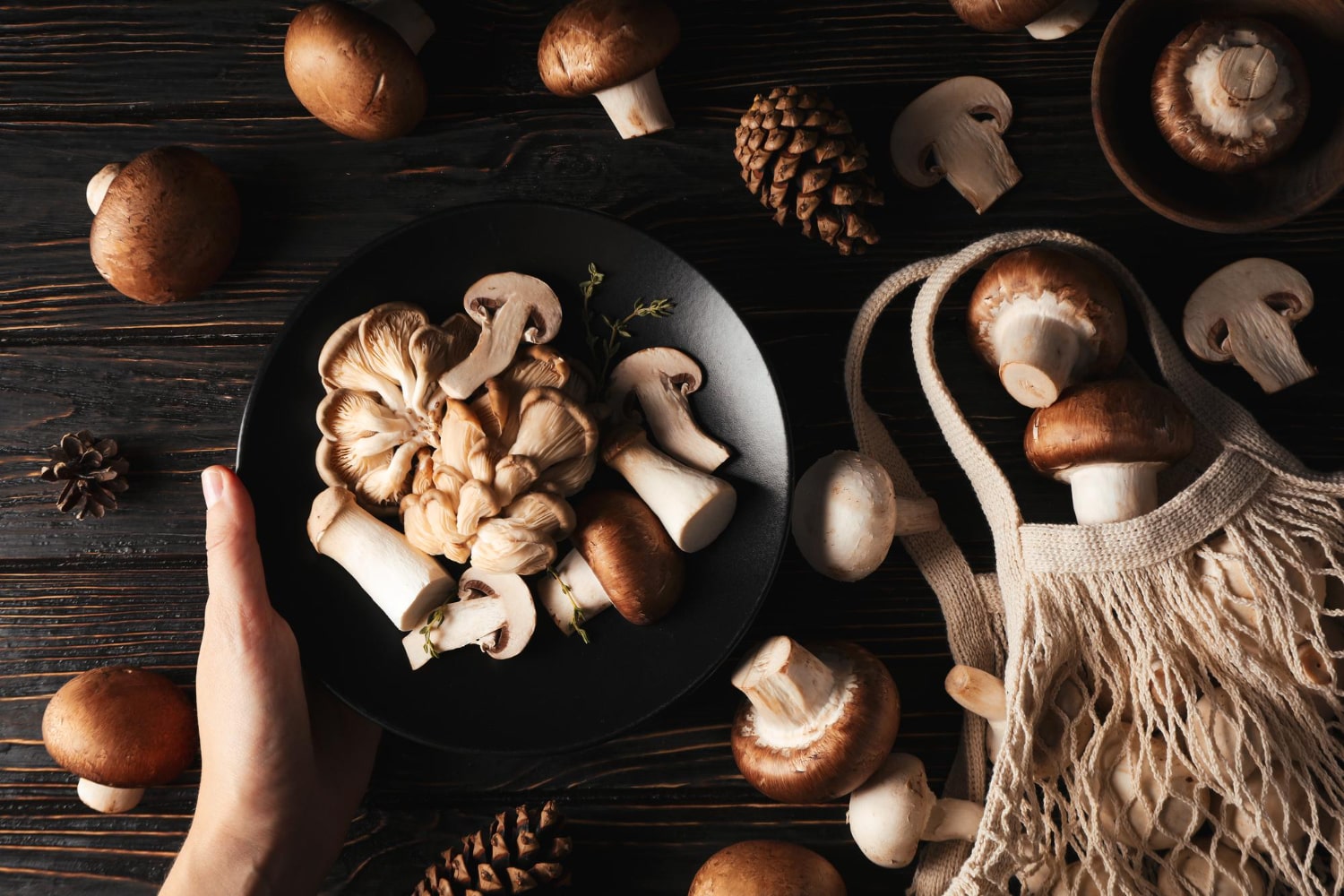 A black plate with a variety of mushrooms on a rustic wooden table, illustrating the diverse types of superfood mushrooms.