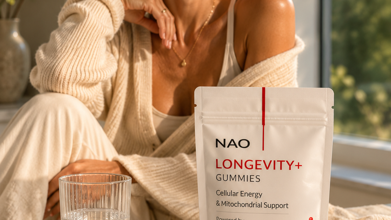 Confident woman in her 40s in a serene minimal home, NAO quiet-luxury wellness lifestyle