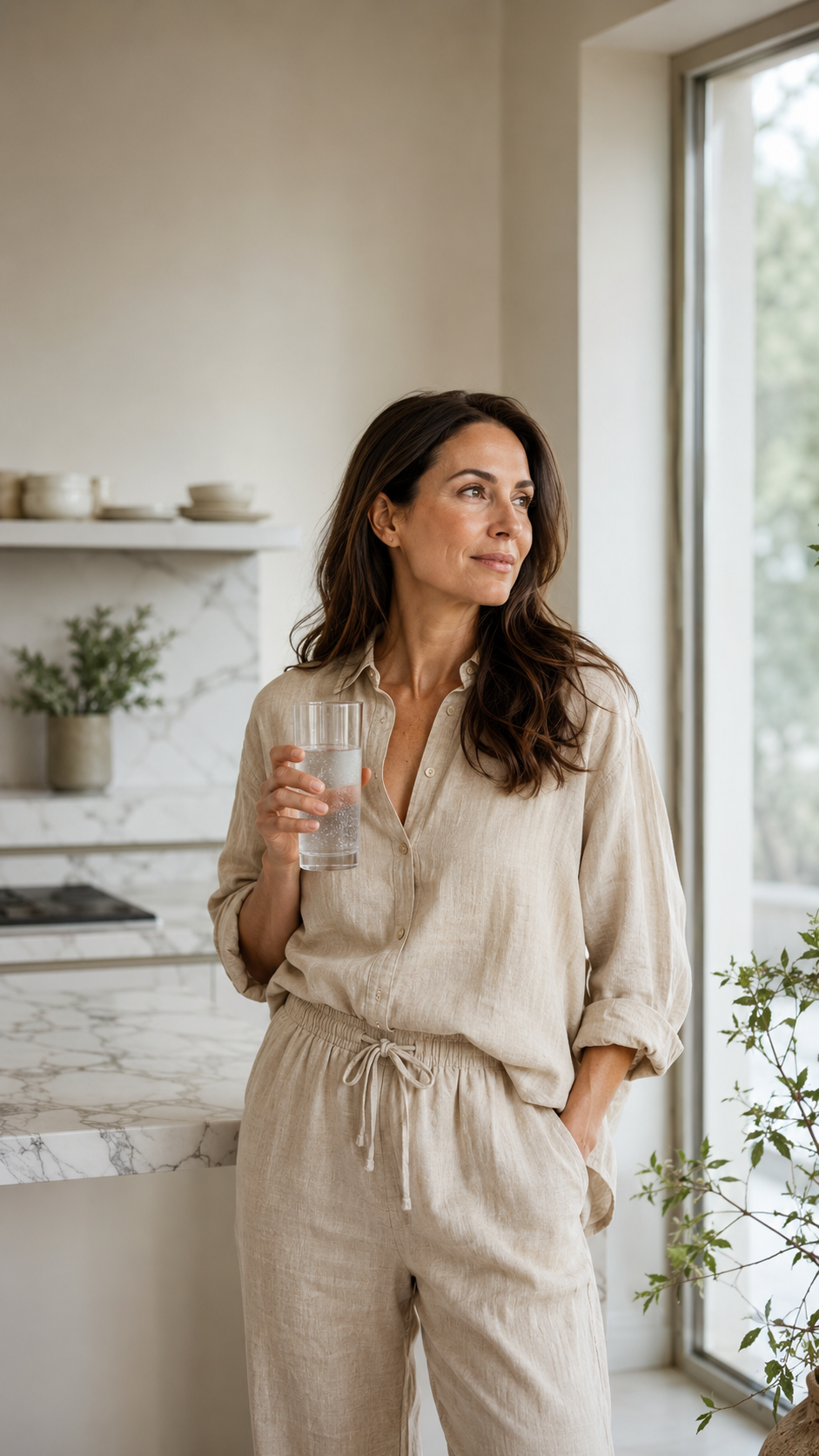 Radiant woman in her 40s in a bright minimal kitchen with fresh berries, NAO Longevity wellness lifestyle