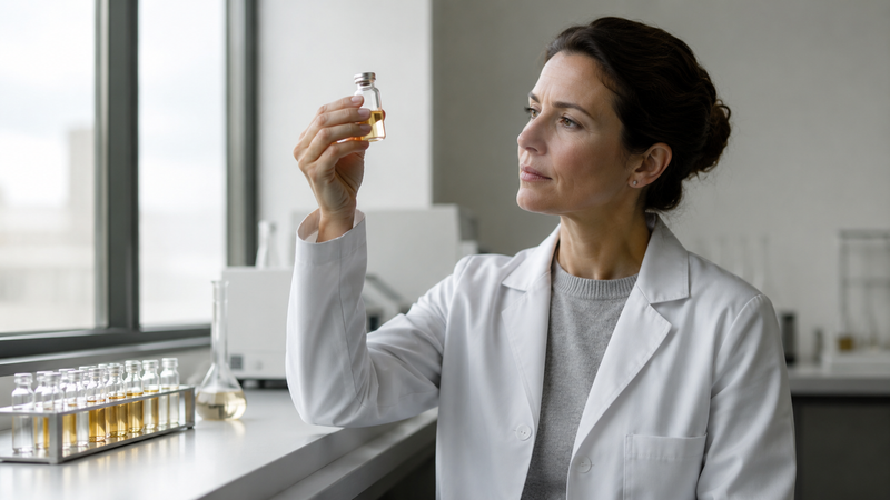 Scientist in her forties holding a glass sample vial up to daylight in a minimalist analytical laboratory